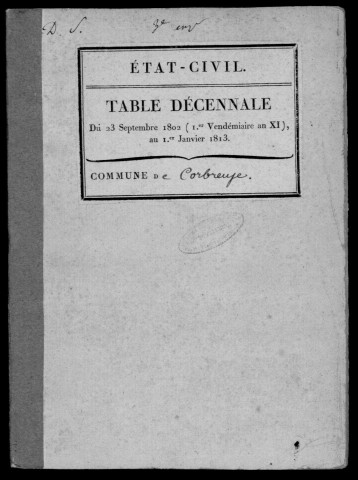 CORBREUSE. Tables décennales (1802-1902). 
