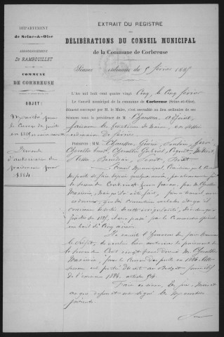CORBREUSE. - Conseil municipal : registre de délibérations (1874-1885). 