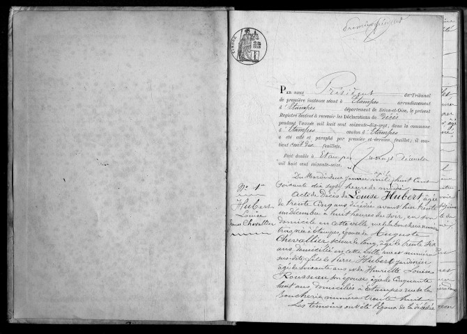 ETAMPES. Décès : registre d'état civil (1877). 