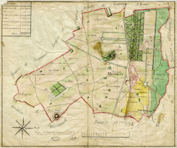 MENNECY. - Plans d'intendance. Plan dressé par ROY le jeune (1785), Ech. 1/200 perches, Dim. 80 x 65 cm. 