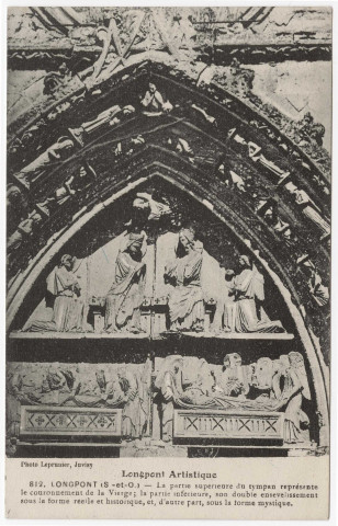 LONGPONT-SUR-ORGE. - Basilique. Sculptures du tympan du portail d'entrée.. Photo Leprunier. 