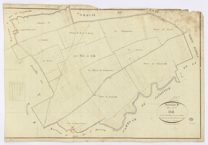 D'HUISON-LONGUEVILLE. - Section B - Ile (l'), 2, ech. 1/2500, coul., aquarelle, papier, 66x93 (1817). 
