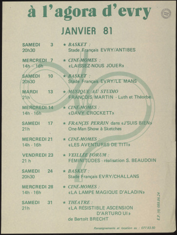 EVRY.- A l'Agora d'Evry : programme culturel, janvier 1981. 
