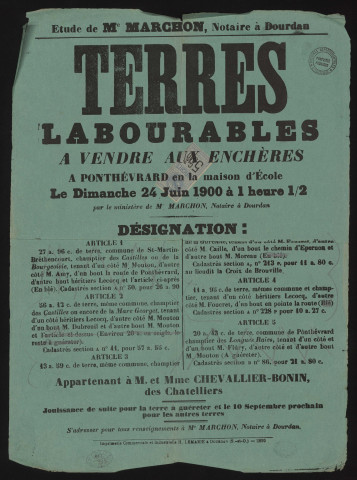 PONTHEVRARD, SAINT-MARTIN-DE-BRETHENCOURT (Yvelines).- Vente aux enchères de terres labourables appartenant à M. et Mme CHEVALLIER-BONIN des CHATELLIERS, 24 juin 1900. 