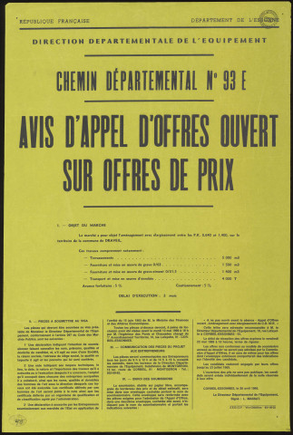 DRAVEIL. - Avis d'appel d'offres ouvert sur offres de prix pour l'aménagement avec élargissement du chemin départemental n° 93 E, entre les PK 0,640 et 1,400, 28 avril 1969. 