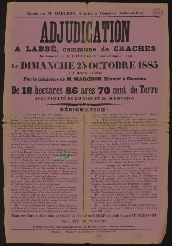 CRACHES, SONCHAMP, ORCEMONT (Yvelines).- Vente par adjudication de terres labourables exploitées par Mme HERFORT, 25 octobre 1885. 