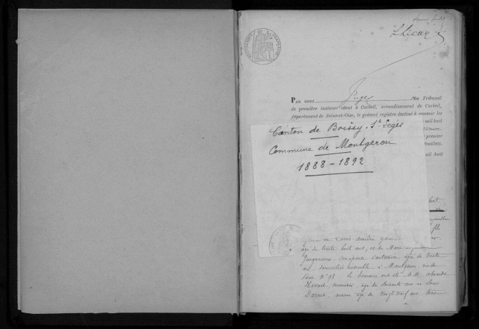 MONTGERON. Naissances, mariages, décès : registre d'état civil (1888-1892). 