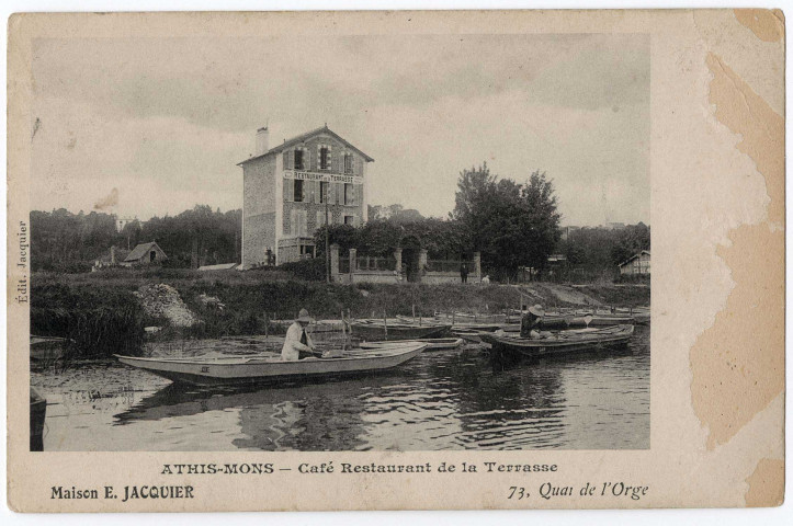 ATHIS-MONS. - Café-restaurant de la Terrasse, Jacquier, 1913, 3 mots, 5 c, ad. 
