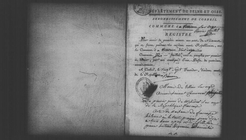 VILLIERS-SUR-ORGE. Naissances, mariages, décès : registre d'état civil (an XI-1823). 