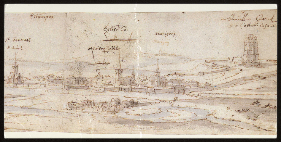 ETAMPES. - Vue de la ville d'Etampes d'après dessin de 1650. Editeur Gaud à Moisenay-le-Petit, couleur. 