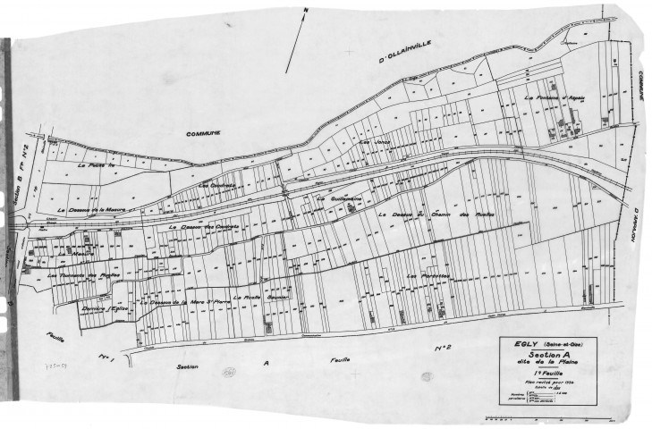 EGLY.- Cadastre révisé pour 1934 : plan du tableau d'assemblage, plans de la section A la Plaine 1ère feuille, idem 2ème feuille, section B le Village 1ère feuille, idem 2ème feuille, idem 3ème feuille, idem 4ème feuille ; cadastre révisé pour 1934 mis à jour pour 1967 : plan du tableau d'assemblage, plans de la section A 1ère feuille, idem 2ème feuille, [10 plans]. 