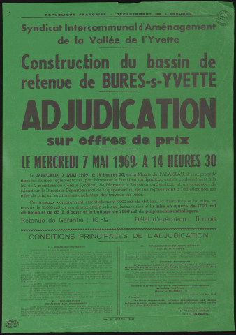BURES-SUR-YVETTE. - Adjudication sur offre de prix, sur soumissions cachetées pour la construction du bassin de retenue de Bures-sur-Yvette, 7 mai 1969. 