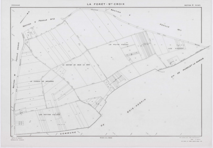 FORET-SAINTE-CROIX (LA), plans minutes de conservation : tableau d'assemblage, 1953, Ech. 1/5000 ; plans des sections W, X1, Y1, Y2, Z, 1953, Ech. 1/2000, section X2, 1953, Ech. 1/1000. Polyester. N et B. Dim. 105 x 80 cm [7 plans]. 