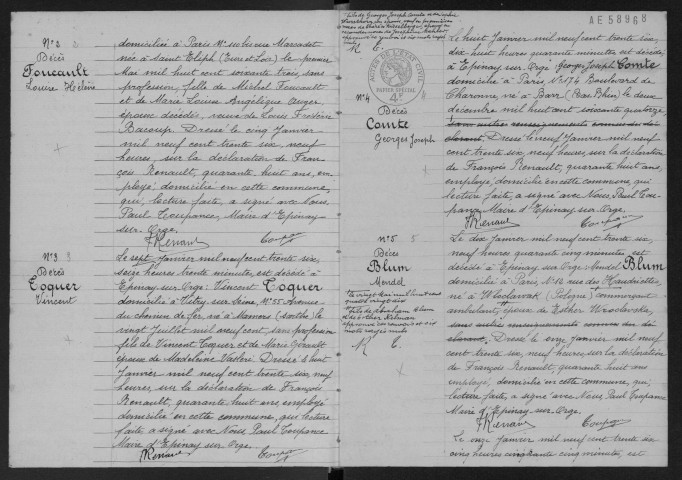 EPINAY-SUR-ORGE.- Décès : registre d'état civil. 