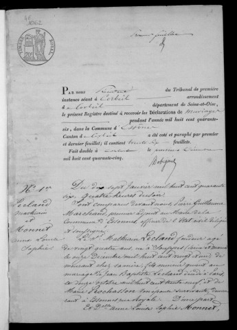 ESSONNES. Mariages : registre d'état civil (1846-1852). 
