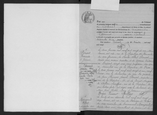 ESSONNES.- Naissances : registre d'état civil. 