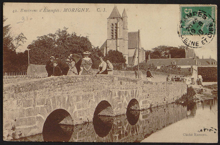 MORIGNY-CHAMPIGNY.- Eglise et pont sur la Juine (19 août 1910).