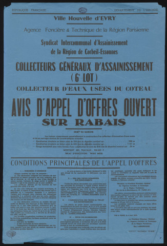 EVRY. - Avis d'appel d'offres ouvert sur rabais pour des travaux de construction d'un collecteur d'évacuation d'eaux usées du Coteau, 4 mai 1970. 