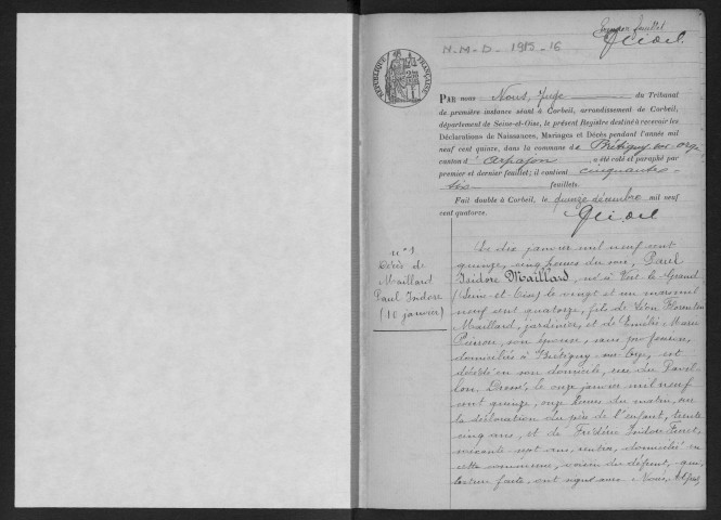 BRETIGNY-SUR-ORGE.- Naissances, mariages, décès : registre d'état civil (1915-1916). 