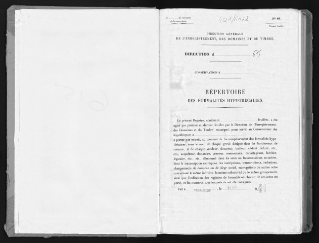 Conservation des hypothèques de CORBEIL. - Répertoire des formalités hypothécaires, volume n° 615 : A-Z (registre ouvert en 1941). 
