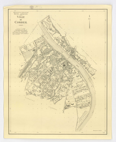 Fonds topographique de la Ville de CORBEIL, établi, dressé et dessiné en 1943 par M. SAITRE géomètre, vérifié par M. DANGUEL, ingénieur, Service d'Urbanisme du département de SEINE-ET-OISE, 1944. Ech. 1/5 000. N et B. Dim. 0,60 x 0,48. 