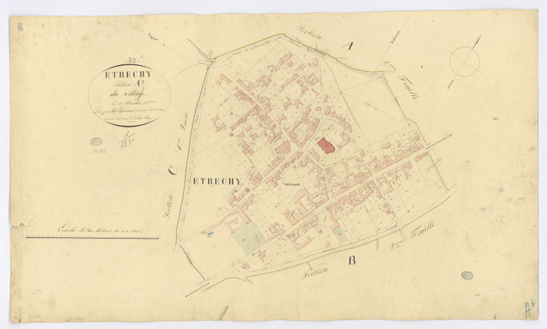 ETRECHY. - Section A - Village (le), 3, ech. 1/1250, coul., aquarelle, papier, 58x95 (1825). 