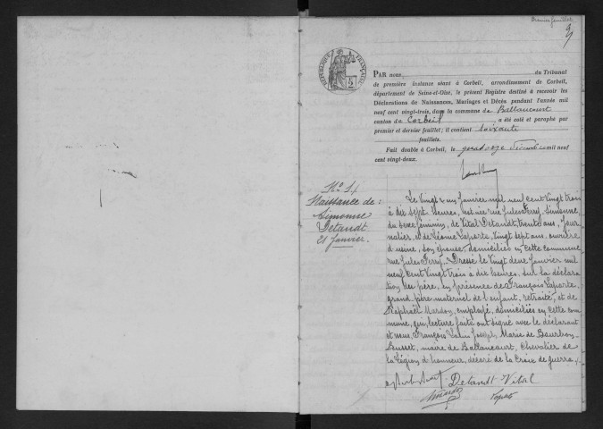 BALLANCOURT-SUR-ESSONNE.- Naissances, mariages, décès : registre d'état civil (1923). 