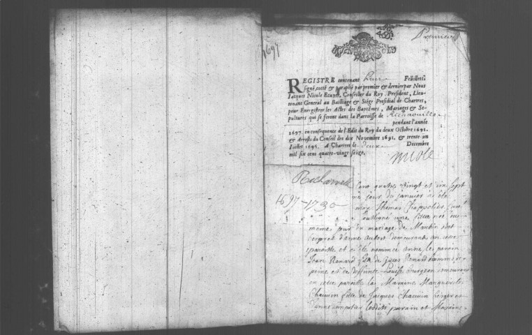 RICHARVILLE. Paroisse Saint-Lubin : Baptêmes, mariages, sépultures : registre paroissial (1697-1730). [Lacunes : B.M.S. (1711, 1719)]. 