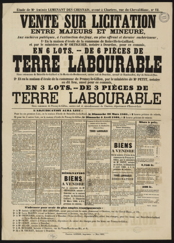 BOINVILLE-LE-GAILLARD, SAINT-MARTIN-DE-BRETHENCOURT (Yvelines), PRUNAY-LE-GILLON (Eure-et-Loir).- Vente sur licitation, au plus offrant et dernier enchérisseur, de terres labourables, 29 mars, 5 avril 1868. 