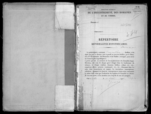Conservation des hypothèques de CORBEIL. - Répertoire des formalités hypothécaires, volume n° 344 : A-Z (registre ouvert en 1903). 