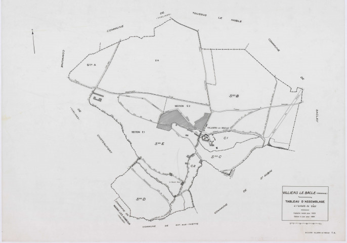 VILLIERS-LE-BACLE, plans minutes de conservation : tableau d'assemblage,1933, Ech. 1/5000 ; plans des sections A, B, 1933, Ech. 1/5000, sections C1, E2, 1933, Ech. 1/1250, sections C2, D, E1, 1933, Ech. 1/2500, section ZA, 1965, Ech. 1/2000. Polyester. N et B. Dim. 105 x 80 cm [9 plans]. 