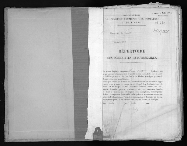 Conservation des hypothèques de CORBEIL. - Répertoire des formalités hypothécaires, volume n° 278 : A-Z (registre ouvert en 1882). 