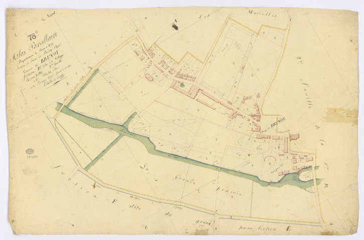 BRUNOY. - Section D - Village (le), 1ère feuille, ech. 1/1250, coul., aquarelle, papier, 63x96 (1810). 
