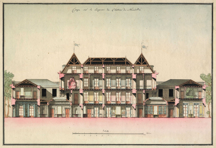 Coupe et élévation du château de MEREVILLE, par l'architecte BARRE, [fin XVIIIe siècle]. Ech. 13,2 cm = 12 toises. Coul. Dim. 0,43 x 0,31. 