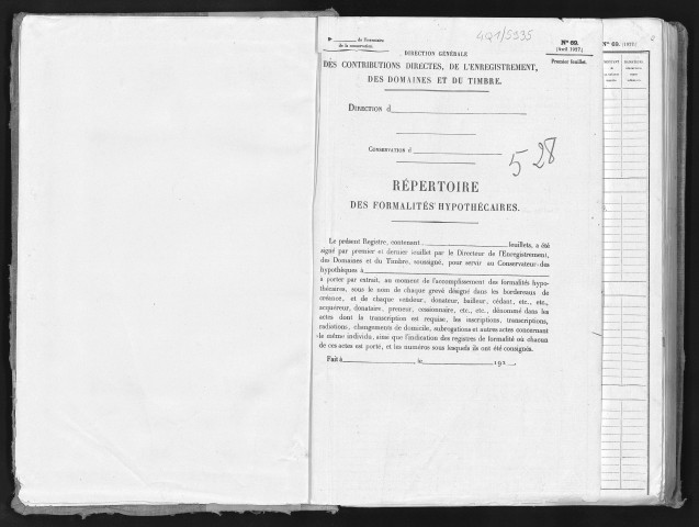 Conservation des hypothèques de CORBEIL. - Répertoire des formalités hypothécaires, volume n° 528 : A-Z (registre ouvert vers 1920). 