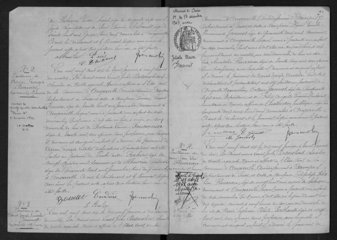 ANGERVILLE.- Naissances, mariages, décès : registre d'état civil (1906-1912). 