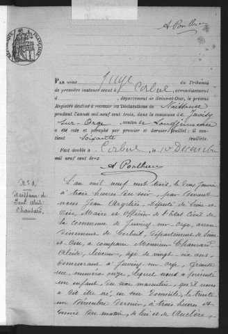 JUVISY-SUR-ORGE.- Naissances : registre d'état civil (1903). 