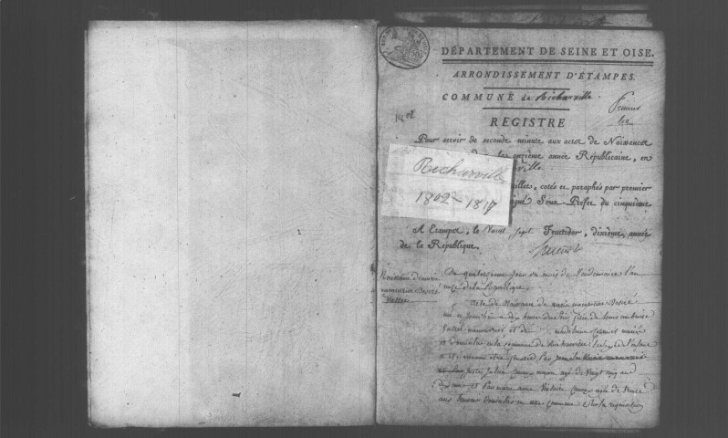 RICHARVILLE. Naissances, mariages, décès : registre d'état civil (an XI-1817). [décès (an XI), voir fin du registre]. 