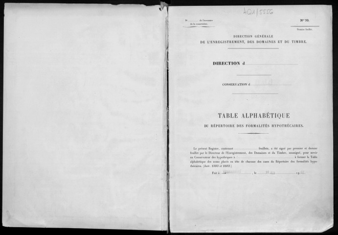 Conservation des hypothèques de CORBEIL. - Table alphabétique du répertoire des formalités hypothécaires, volume n° 109 : A-Z (registre ouvert en 1941). 
