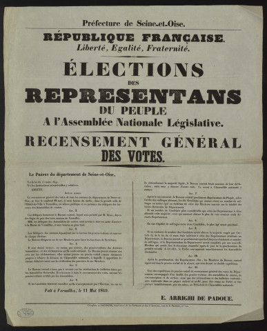 Seine-et-Oise [Département]. - Elections des représentants du peuple à l'Assemblée Nationale Législative. Recensement général des votes, 11 mai 1849. 