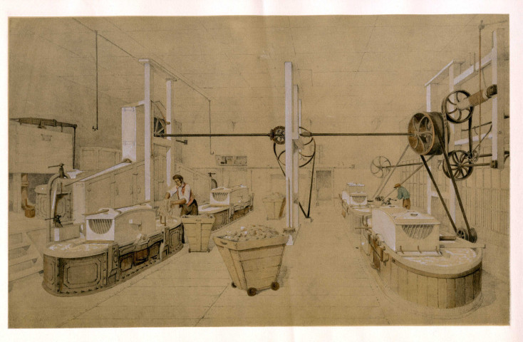 CORBEIL-ESSONNES.- La papeterie d'Essonnes, la fabrication du papier : salle des machines raffineuses, 1846, par A. Maugendre, Coul. Dim. 37 x 45 cm. [1exemplaire]. 