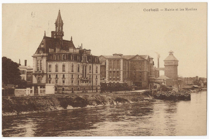 CORBEIL-ESSONNES. - Corbeil - Mairie et les moulins. Editeur Breton, 1928, sépia. 