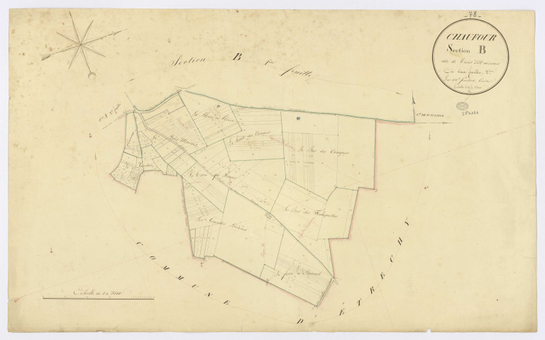 CHAUFFOUR-LES-ETRECHY. - Section B - Trois Maisons (les), 2, ech. 1/2500, coul., aquarelle, papier, 60x96 (1824). 