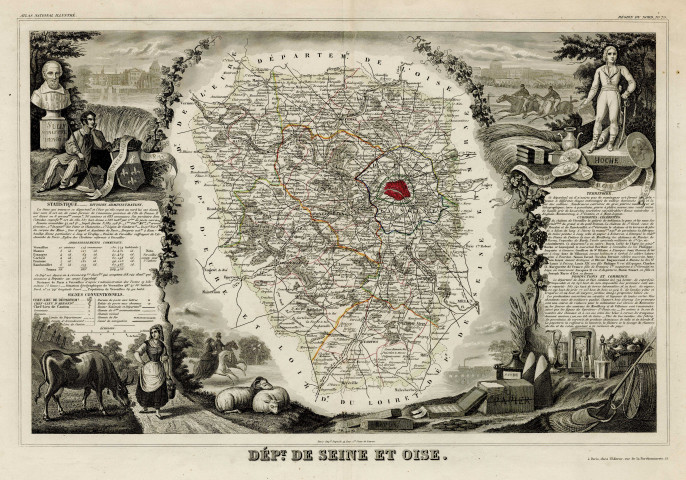SEINE-ET-OISE. - Carte du département de la Seine-et-Oise, avec représentation de Sully, ministre d'Henri IV et du général Hoche (statues), d'une femme près de moutons et d'une vache, s. d., N et B, Dim. 36,5 x 53 cm. 