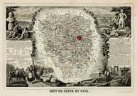 SEINE-ET-OISE. - Carte du département de la Seine-et-Oise, avec représentation de Sully, ministre d'Henri IV et du général Hoche (statues), d'une femme près de moutons et d'une vache, s. d., N et B, Dim. 36,5 x 53 cm. 