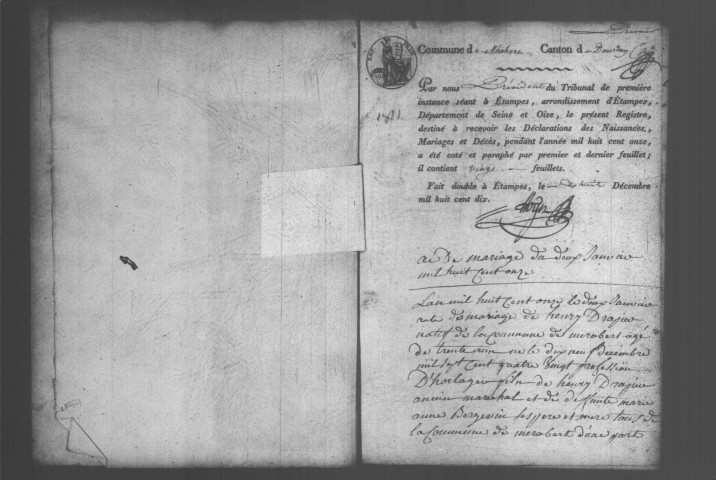 MEROBERT. Naissances, mariages, décès : registre d'état civil (1811-1822). 