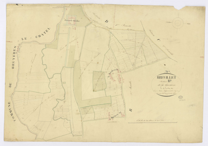 BREUILLET. - Section B - Boissière (la), 4ème feuille, ech. 1/1250, coul., aquarelle, papier, 69x98 (1825). 