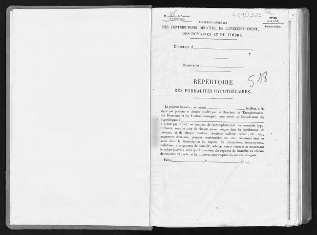 Conservation des hypothèques de CORBEIL. - Répertoire des formalités hypothécaires, volume n° 518 : A-Z (registre ouvert vers 1920). 
