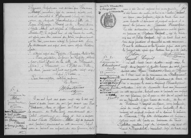 BALLANCOURT-SUR-ESSONNE.- Naissances, mariages, décès : registre d'état civil (1896-1899). 