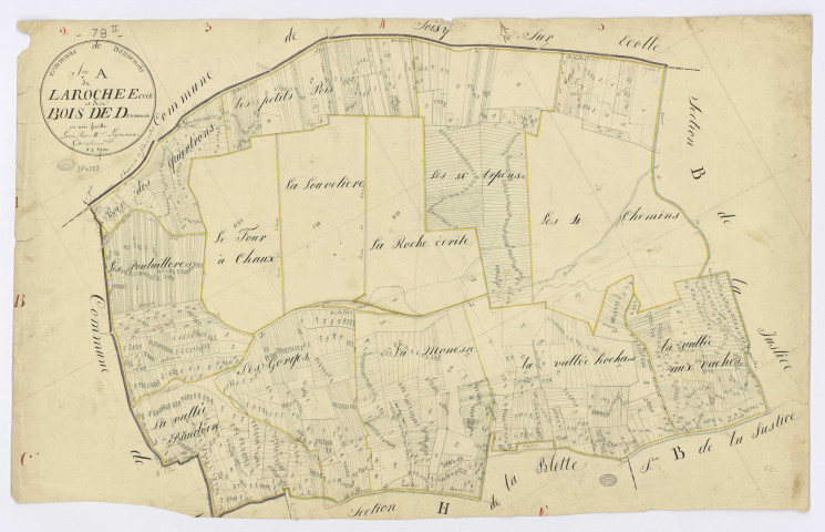 DANNEMOIS. - Section A - Roche écrite (la) et les Bois de Dannemois, ech. 1/2500, coul., aquarelle, papier, 63x97 (1815). 